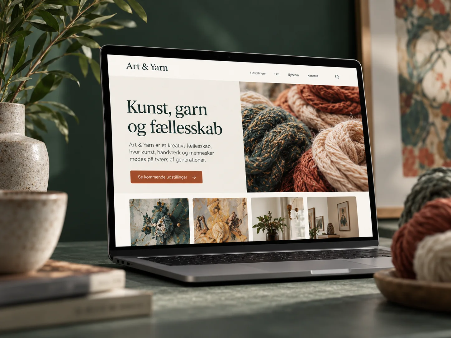 Art & Yarn website vist på en bærbar computer